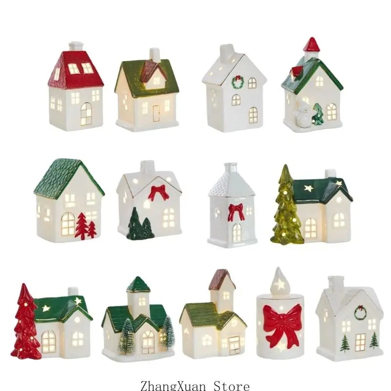 Eingangstisch-Weihnachtsschmuck, Keramik-Dorfhaus-Akzent mit warmer Innenbeleuchtung für die winterliche Regalpräsentation 3XUF – Detail 4