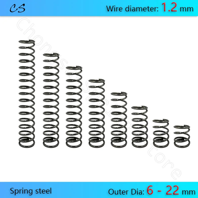 5 SZTUK 1,2 mm Sprężyny ściskane Sprężyna dociskowa Średnica drutu 1,2 mm Średnica zewnętrzna 6 7 8 9 10 11 12 13 14 15 16 - 22 mm Długość 10 - 100 mm