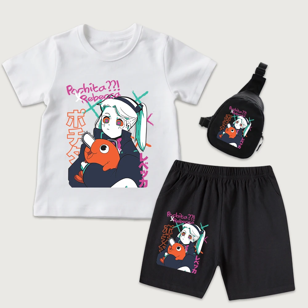 Cyberpunk Edgerunners Rebecca x Pochita Anime Print Kids Cotton T Shirt Shorts Mini Chest Bag 3 Piece Set for Boys Girls