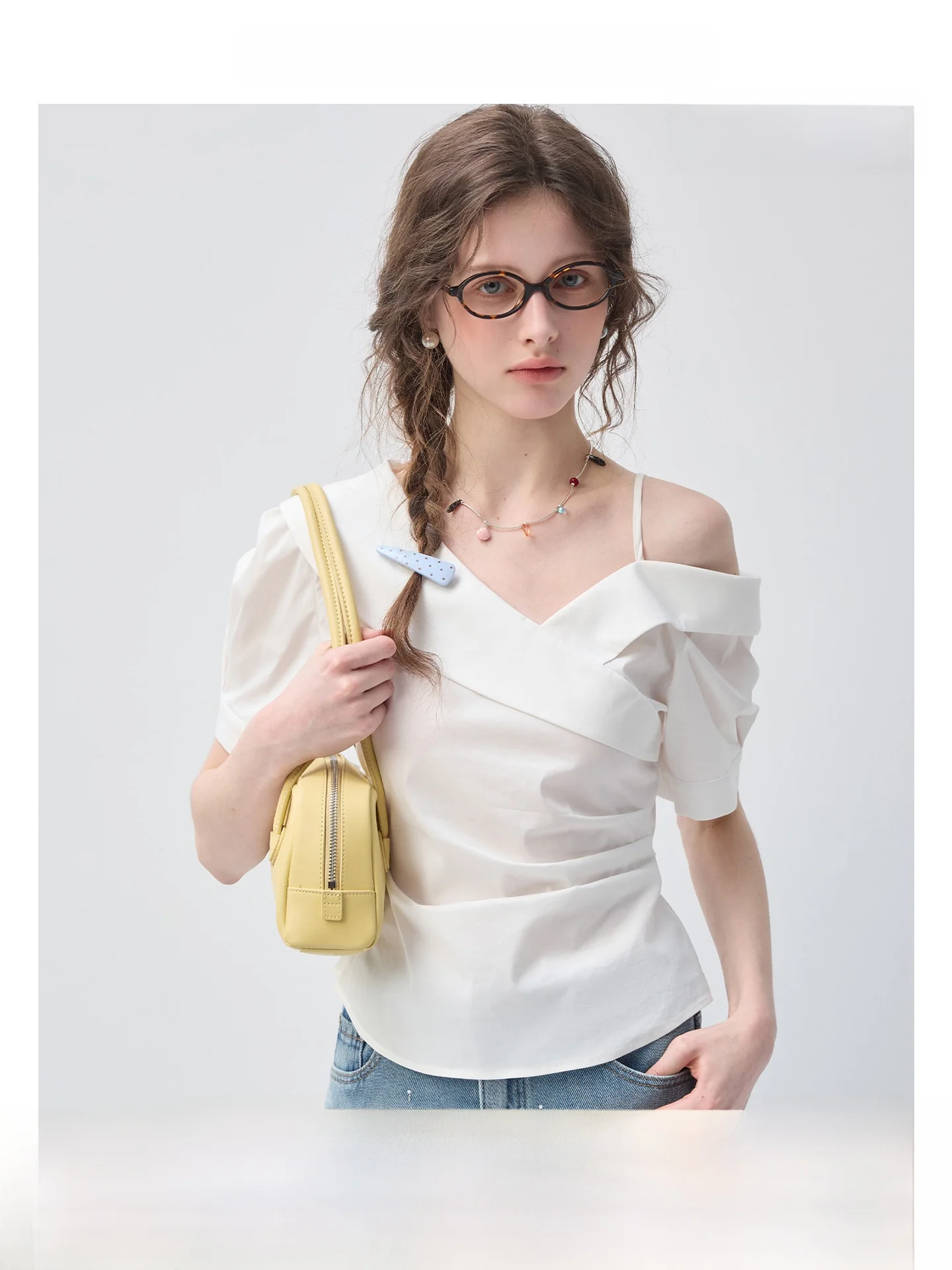 

VEGA CHANG Asymmetric Shoulder Bared Shirt Simple Elegant High Quality Korean Style Women's Commute Fashion Summer New Arrival
