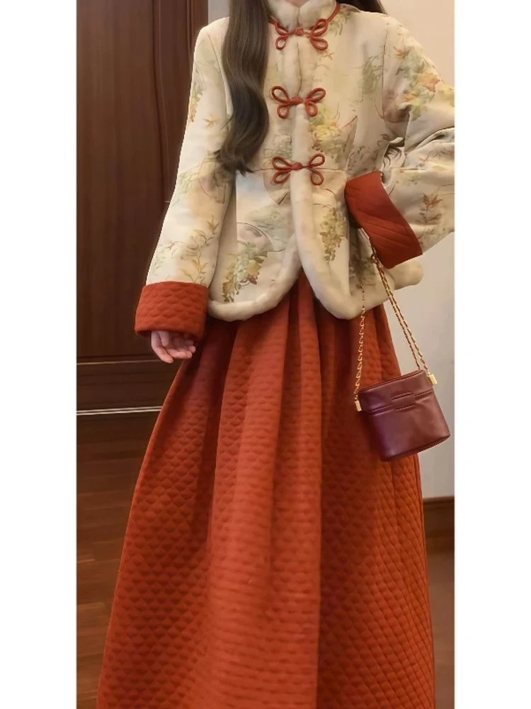 

New Chinese Style Fashionable Fleece Lined Cotton Jacket Skirt Set Two Piece Spring Wardrobe Essential Comfortable Long Sleeve