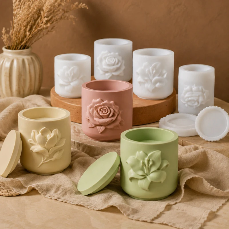 Relief-Rosenblumen-Kerzenglas-Silikonform DIY Nordische Heimdekoration Magnolien-Lilien-Blumentopf Gips-Harz-Aufbewahrungsbox Bastelformen
