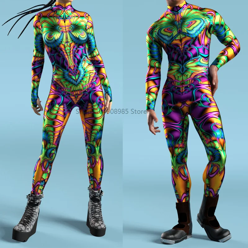

Illusion Tunnel Costume Colorful 3D Printing CyberPunk Rainbow Jumpsuit Holiday Party Cosplay Costume Elastic Bodysuits