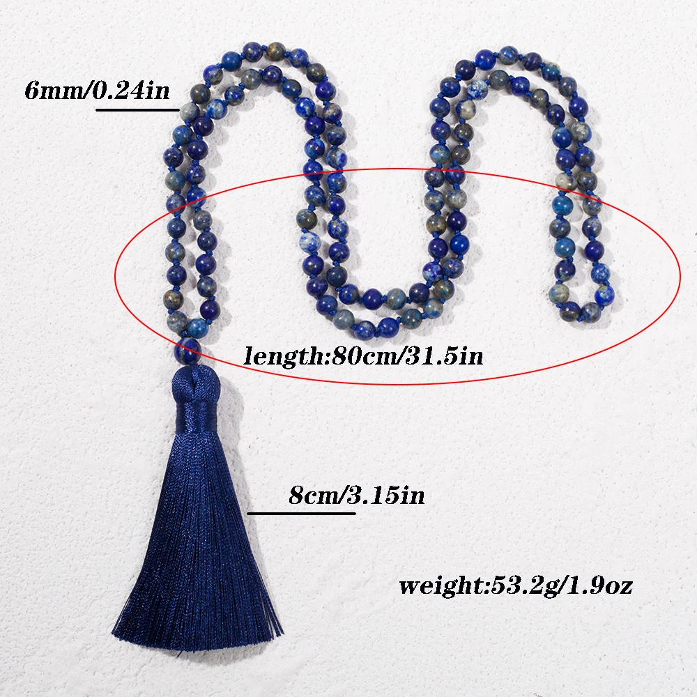 6mm Natural Lapis Lazuli Knotted 108 Mala Bead Necklace Meditation Prayer Rosary Japamala Jewelry for Men and Women