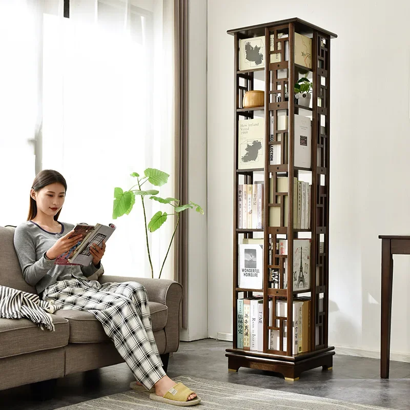 Solid wood, rotating bookshelf 360-degree mobile bookcase, living room floor storage, light luxury storage bookcase