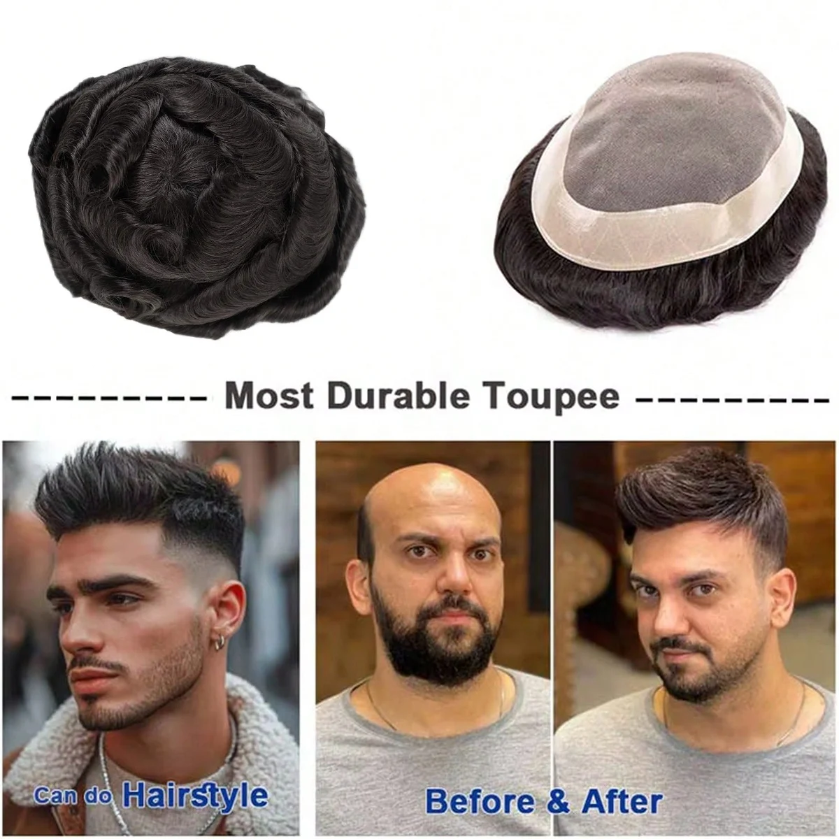 شعر بشري 100% للرجال، قاعدة أحادية رفيعة مع بولي، مظهر طبيعي، قطع شعر رجالي أحادية الشعيرات للرجال 8 × 10 بوصة