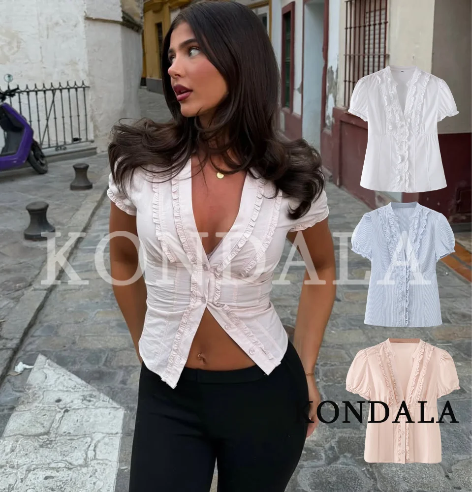KONDALA Elegantes, schmales Rüschenhemd für Damen – Trendiges Kurzarmhemd im High-Street-Stil – Neu 2026 Sommermode Süßes V-Ausschnitt-Hemd