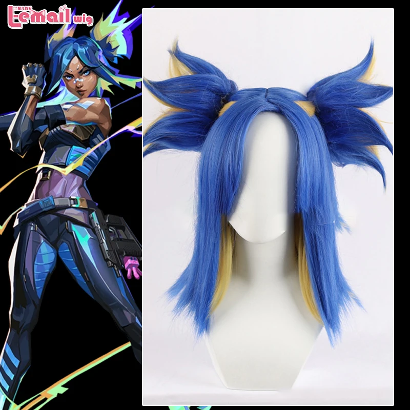 

L-email Game Valorant Neon Косплей Парик Короткие Синие Золотые Смешанные Парики Для Косплея Устойчивые Синтетические Волосы + Кепка Для Парика