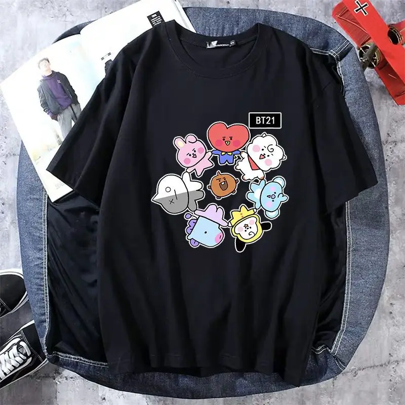 Summer new BT21 loose T-shirt top cute cartoon thin parent-child black and white short sleeves Children\'s holiday gifts