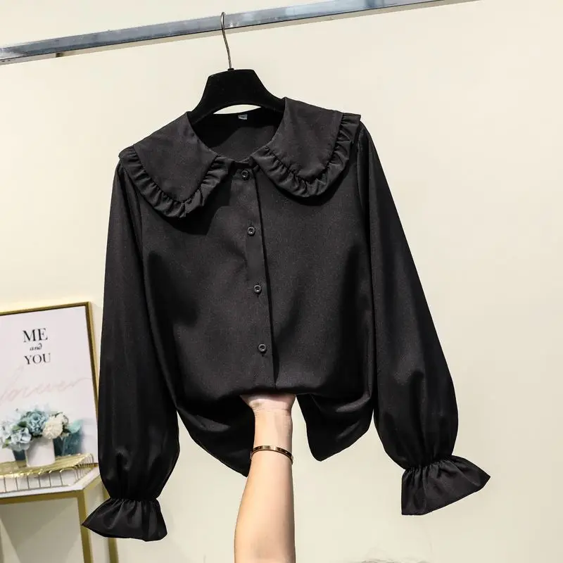 Spring Autumn New Doll Neck Black Shirt Tops Solid Color Long Sleeve Loose All-match Youth Blouse Sweet Fashion Women Clothing