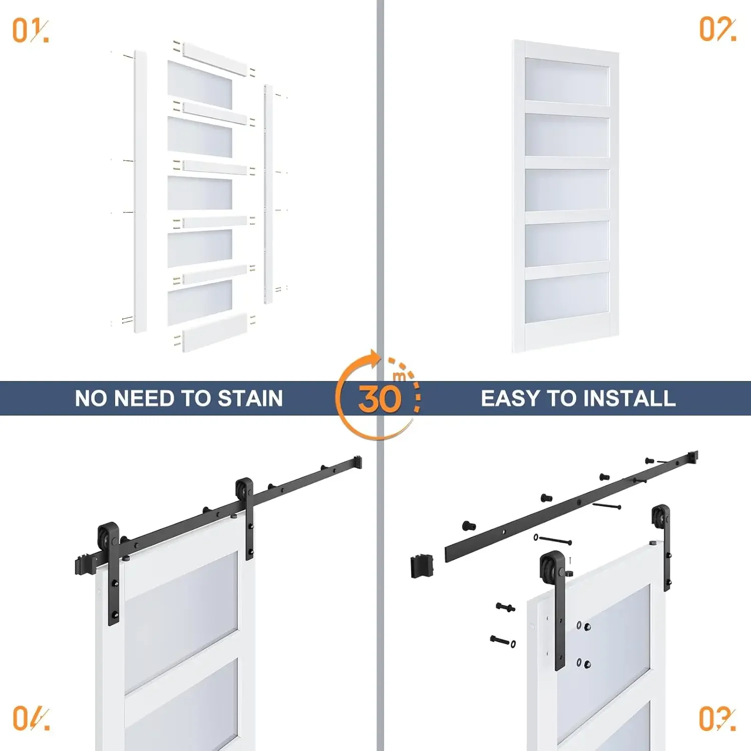 Kit de hardware incluído, 5 vidro fosco, painel de madeira LVL coberto com água branca-