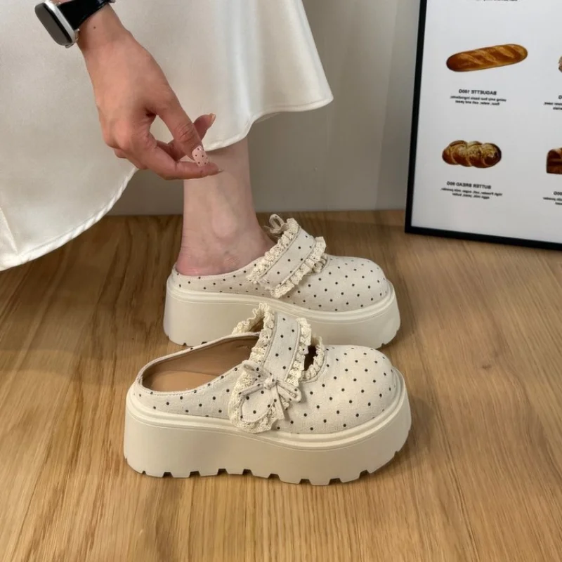 2026 New French Polka Dot Platform Mary Jane Mule Slippers Women,Heightening Thick Sole Lace Trim Closed Toe Lazy Slip On Shoes