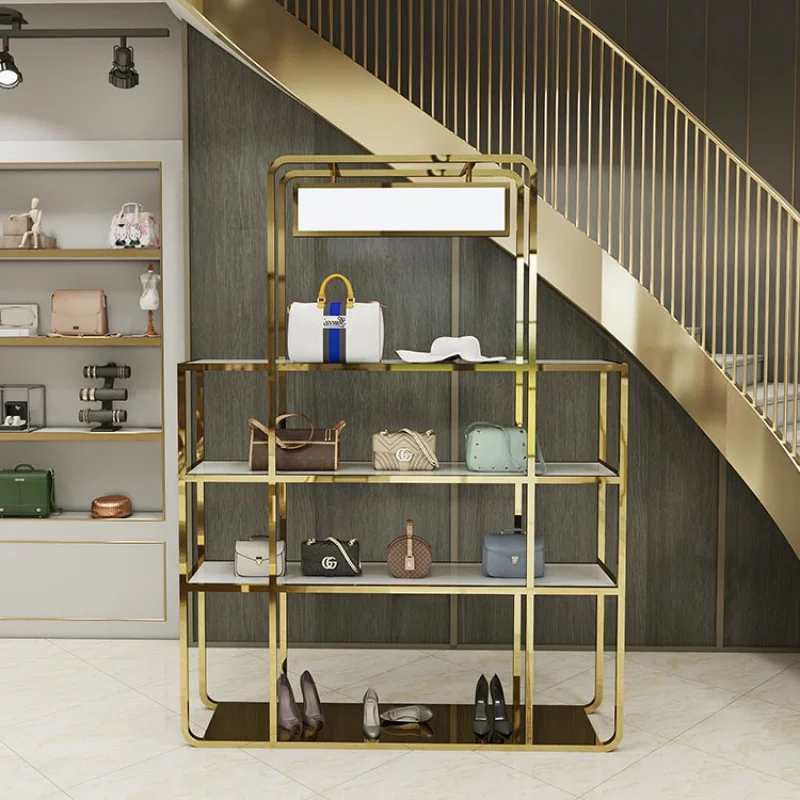 Custom, fashion handbag store showroom furniture metal gold bag display rack stand with LED light