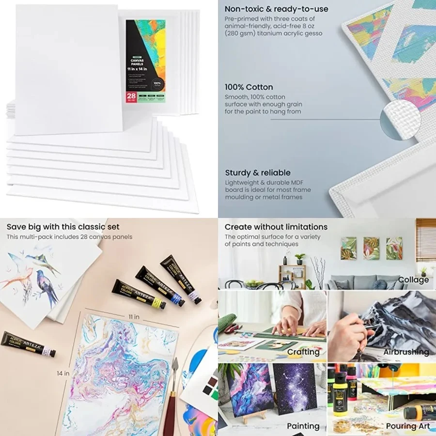 

Canvas Panels, 11 x 14 in, Pack of 28, 100% Cotton Pre-Primed Canvas Boards for Acrylic, Oil, Gouache, Tempera, Pouring Paint, Crafts, and Wall Art