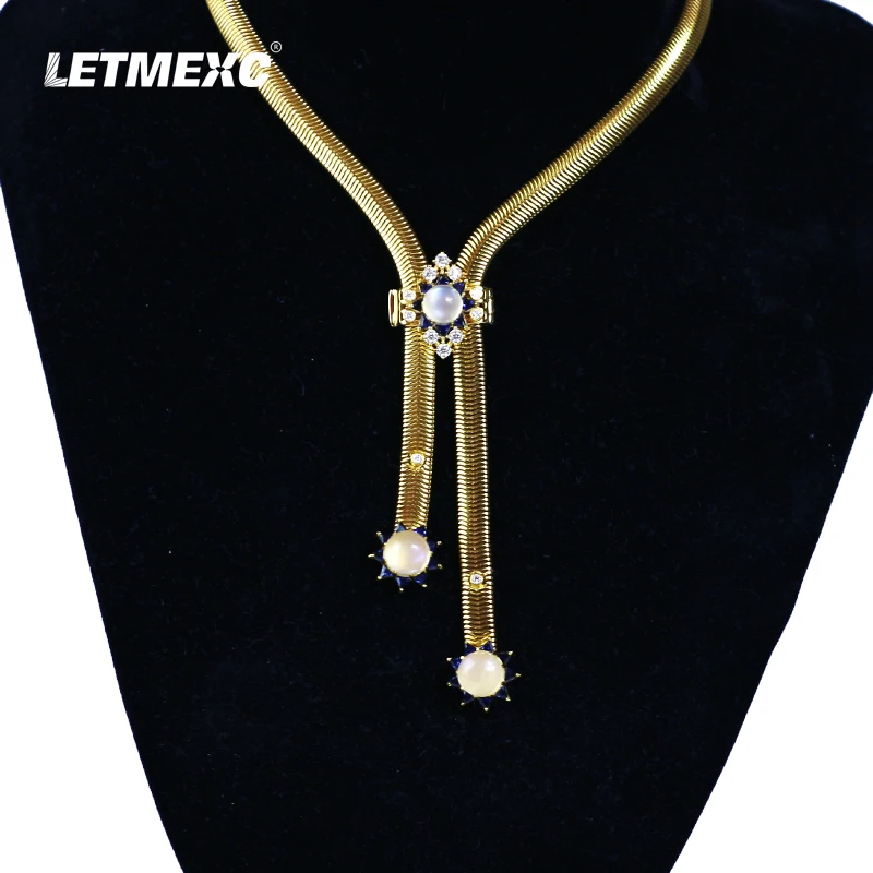 

LETMEXC Natural Moonlight Stone Moissanite Diamond Lab Grown Corundum Vintage Gold Tie Adjustable Necklace