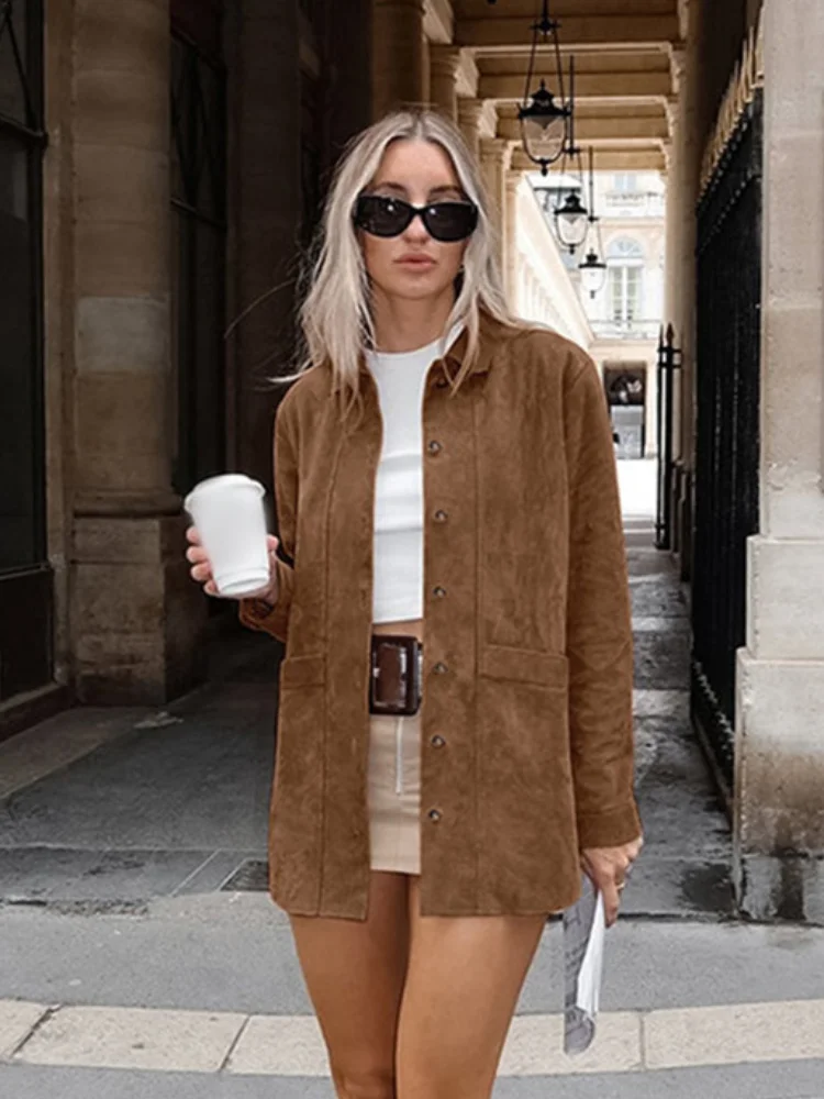 Retro Brown Women Lapel Pockets Shirt Coats Fashion Long Sleeve Single Breasted Loose Jacket 2024 Casual Lady Autumn Streetwear