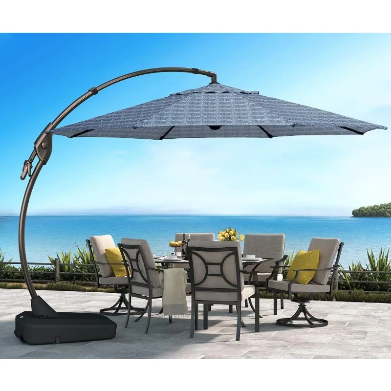 

11 FT Outdoor Cantilever Umbrella Round Aluminum Offset Umbrella with Base for Pool Garden Deck (Black and White, 11FT)