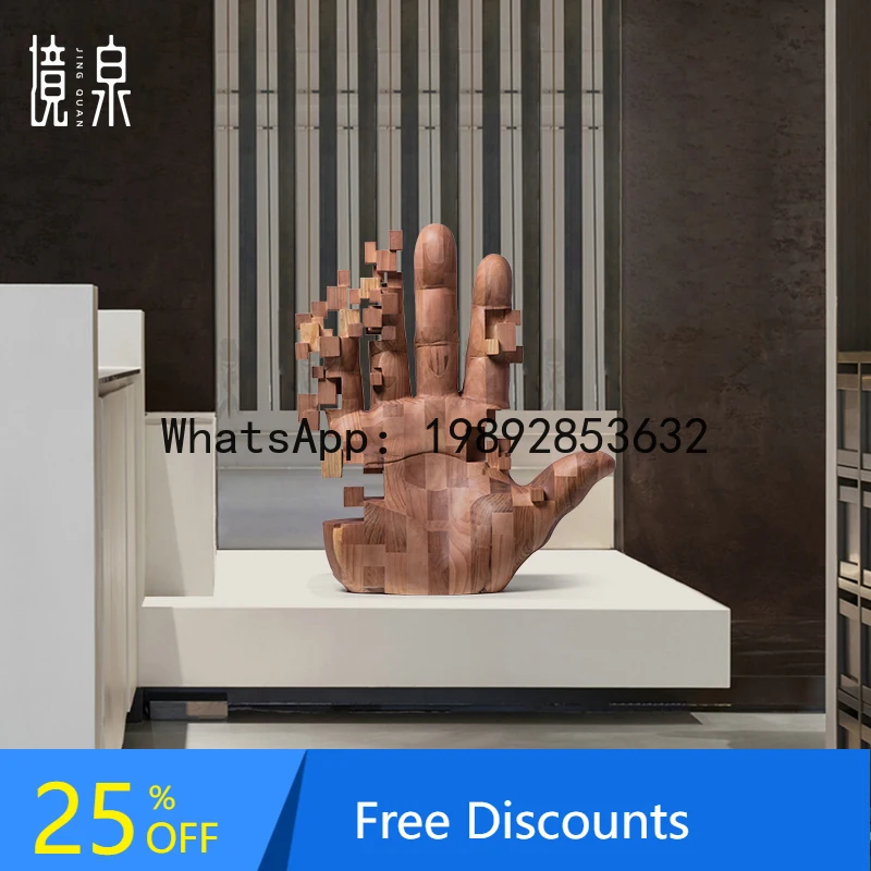 Mosaic Palm Sculpture Floor-standing Large Ornament Entrance Decoration High-end Wooden Carving Art Installation