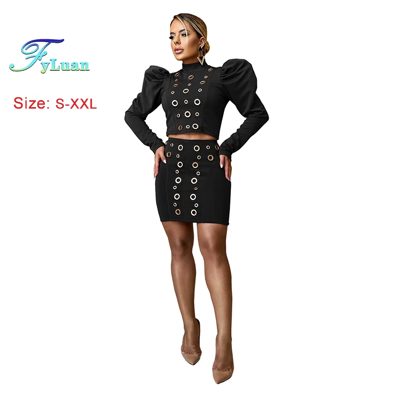 

Новая модная женская одежда, повседневные короткие топы с длинными рукавами и мини-юбка, комплекты из двух предметов, сексуальный укороченный топ с объемными рукавами, платье на день рождения