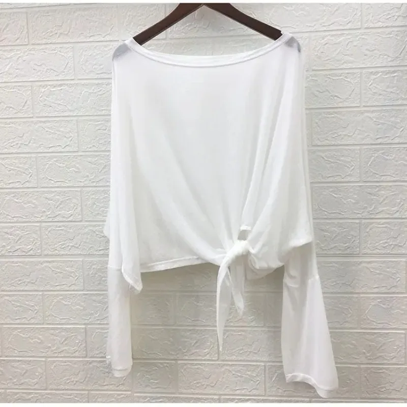 Ice Silk Knot Solid Color Large Sun Protection Coat Split Irregular Long sleeved T-shirt Loose Modern Dance Top