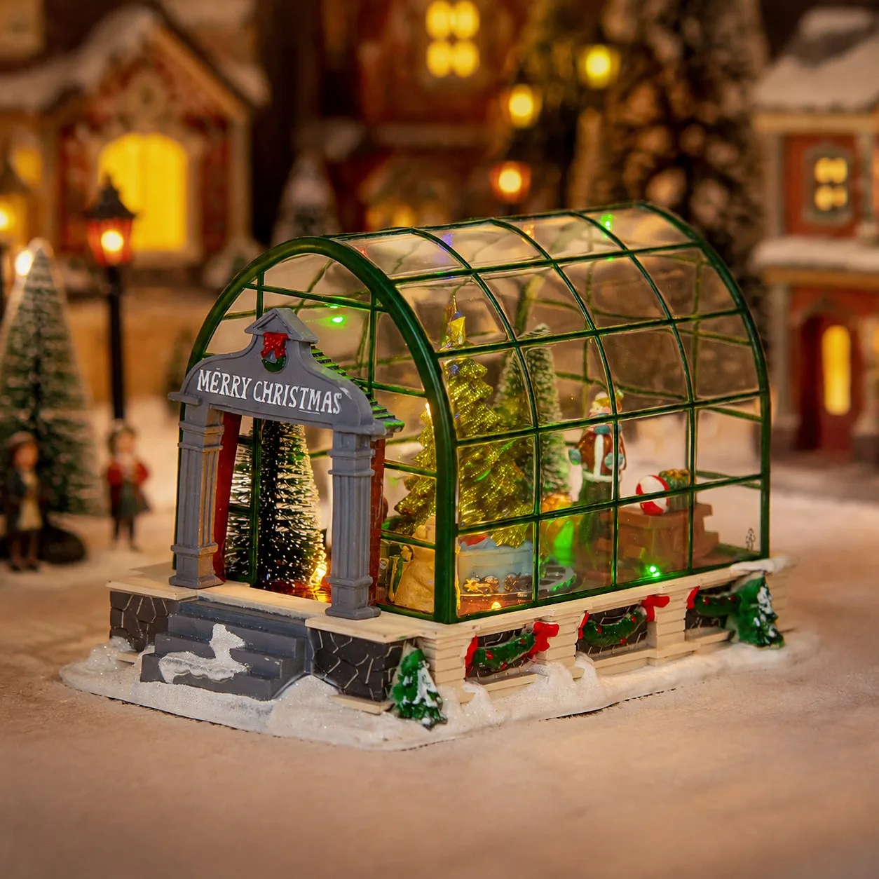 Beleuchtete Weihnachtsdorf-Gewächshausdekorationen, animiertes beleuchtetes Sammlerstück, Gebäude, Weihnachten, Musikbaum, Zuhause, Urlaub, Ornament – Detail 6