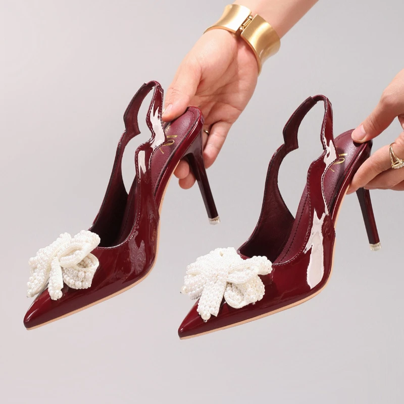 Novelty White Pearl Bow Decoration Elegant High Heels Wedding Bridal Shoes Women Sexy Pointed Toe Backless Designer Dress Pumps
