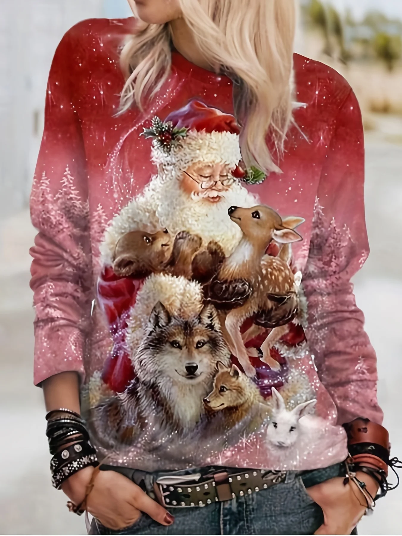 

Cozy Christmas Sweatshirt - Festive Animal & Santa Claus Print - Stylish Round Neck - Comfy Long Sleeves for Womens Casual Wear