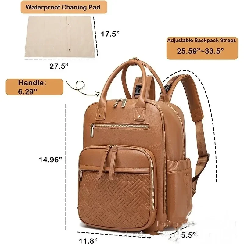 Quilted PU Leather Diaper Bag with Breast Pump Pocket Large Capacity Mommy Backpack for Baby Travel Outdoor Maternity