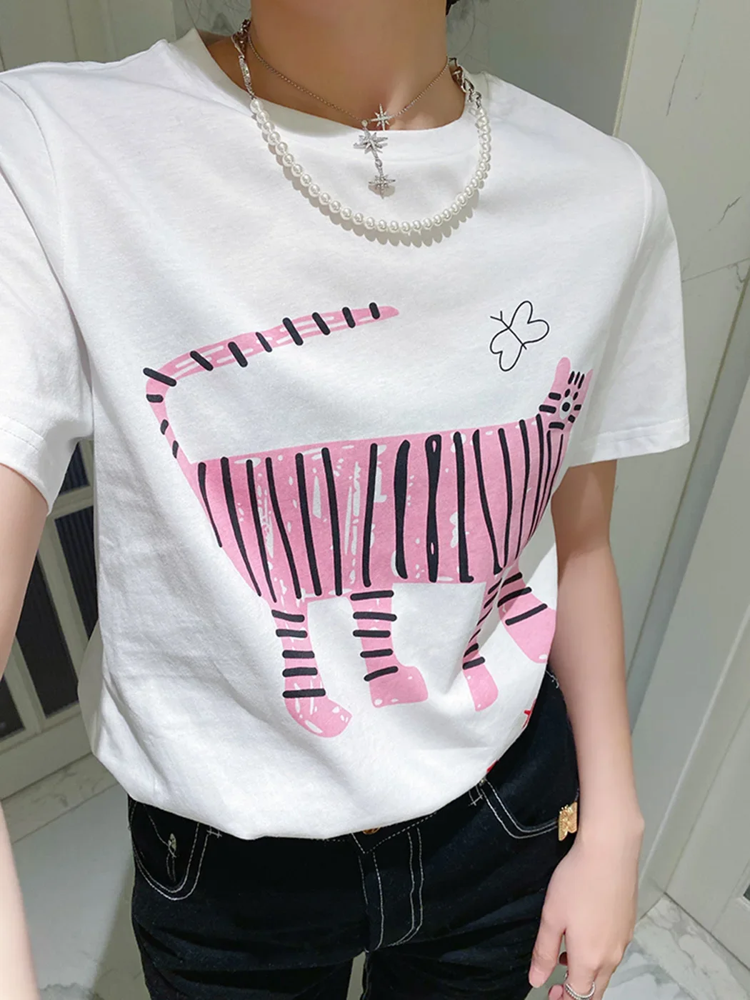 Tiger Cartoon Graphic T-Shirts Woman Summer Cotton Cozy Chic Tshirts Tops Femme Casual Vinatge Fashion Tee Shirts Korean Clothes