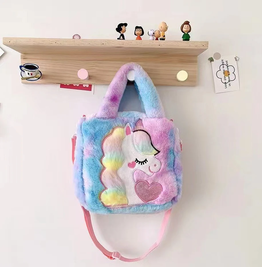 Colorful Unicorn Tote Bag Large Capacity Crossbody Bag Plush Shoulder Bag Women'S Cute Cartoon Design Handbag