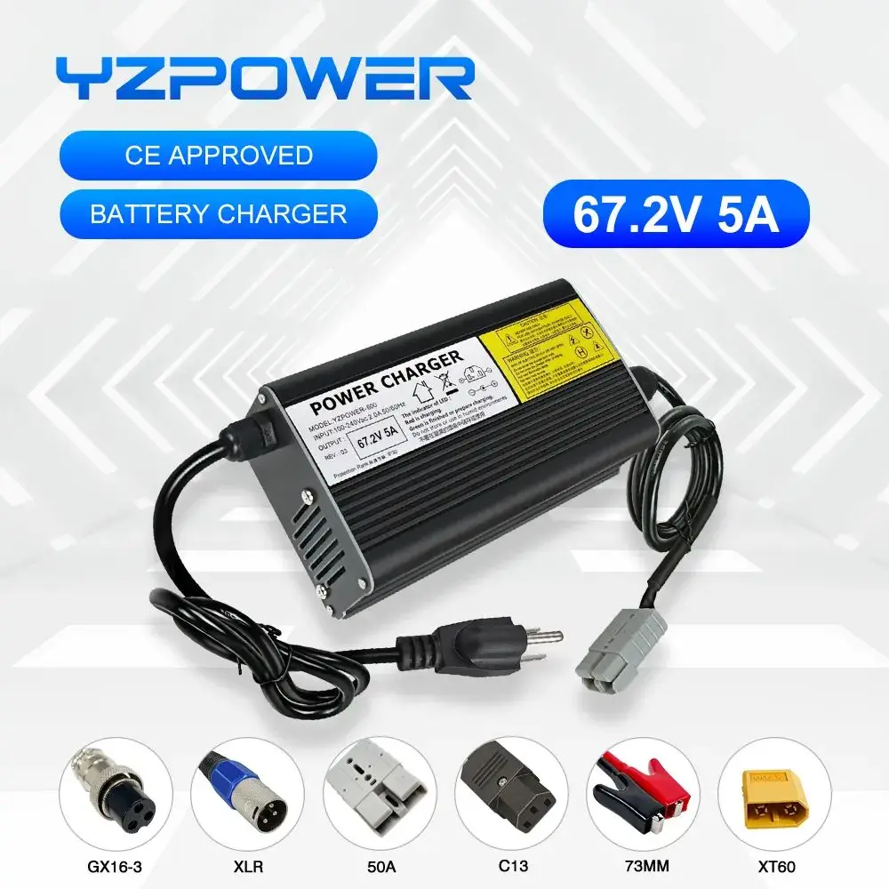 YZPOWER 67.2V 5A lithium battery charger 16S 60V charger input 110-240Vac fast charging with cooling fan