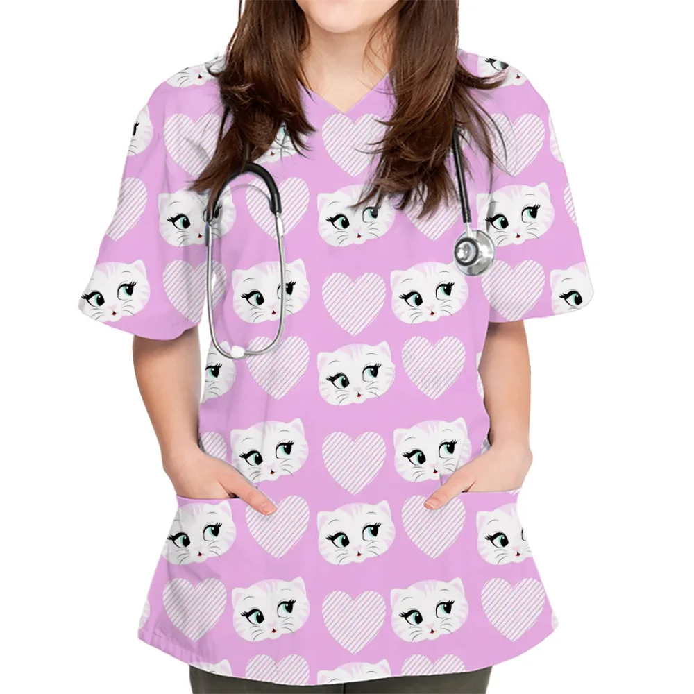 Women's Scrub Top Cute Cat Cartoon Print V-Neck Durable Stretchy Microballistic Perfect For Summers Nursing Uniforms Women Top