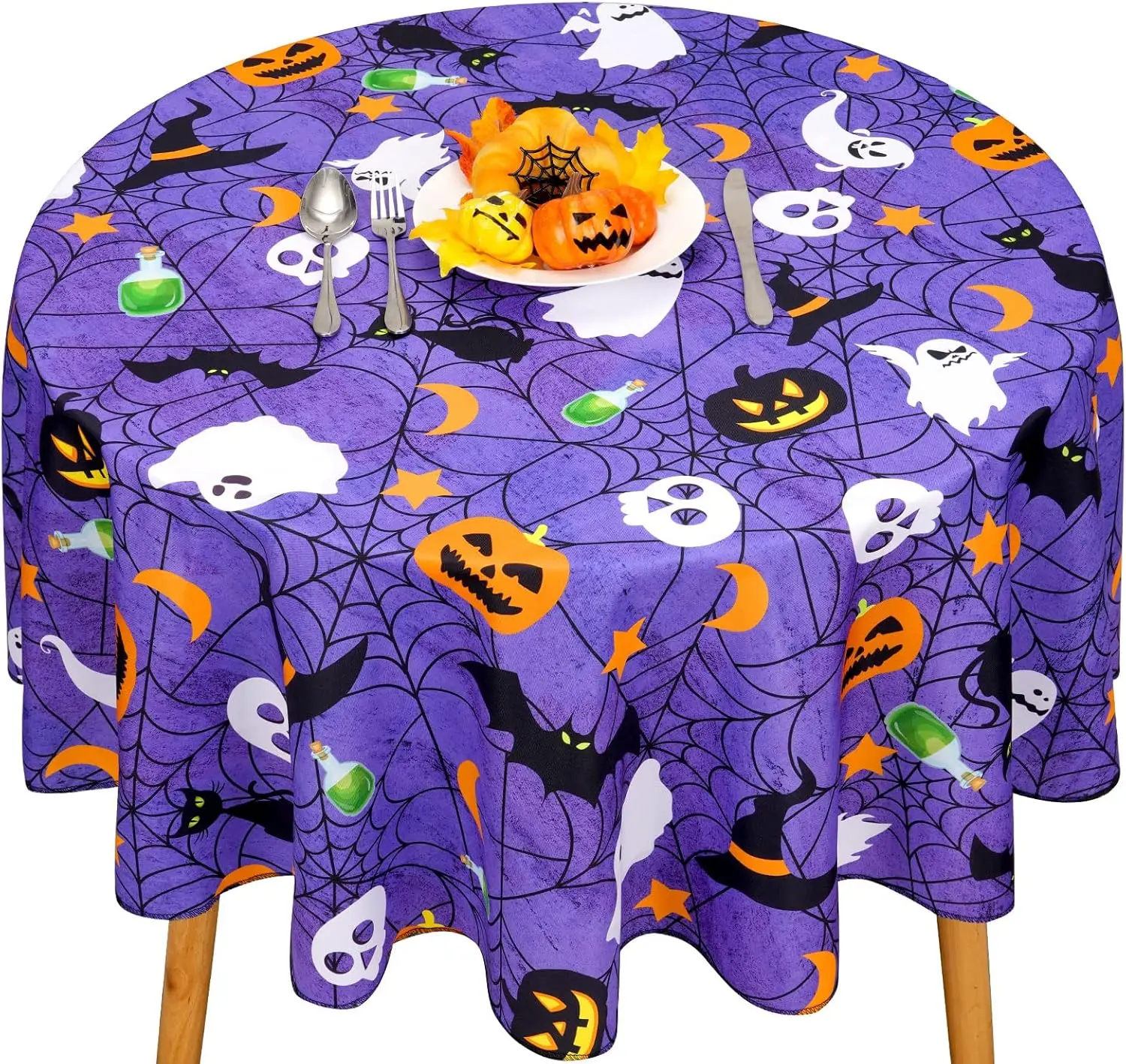 Halloween Tablecloth, Purple Spider Web Table Cloth For Party Decoration, Round 60 Inch, Bat Cobweb And Ghost Tablecloths