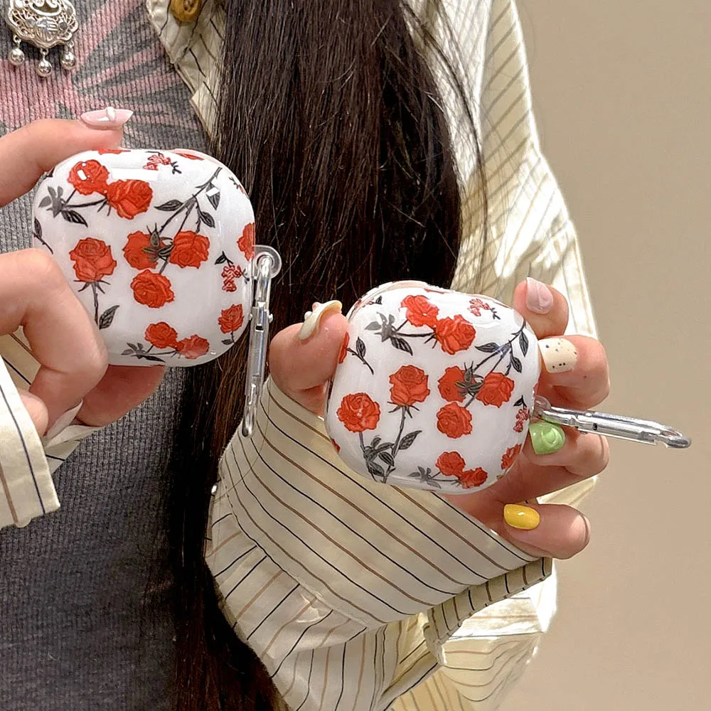 حافظة كورية باللون الأحمر الوردي لهاتف سامسونج جالاكسي Buds FE Buds 2 Pro مضادة للخدش على شكل زهرة غطاء سماعة أذن لهاتف Galaxy Buds Live 2 Pro