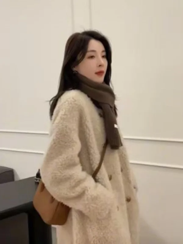 Retro Lammfell Jaet Damen Warme Oberbekleidung Lange Sve runde Ne Mittellange Lose Passform Vielseitiger Wintermantel Polyesterfaser