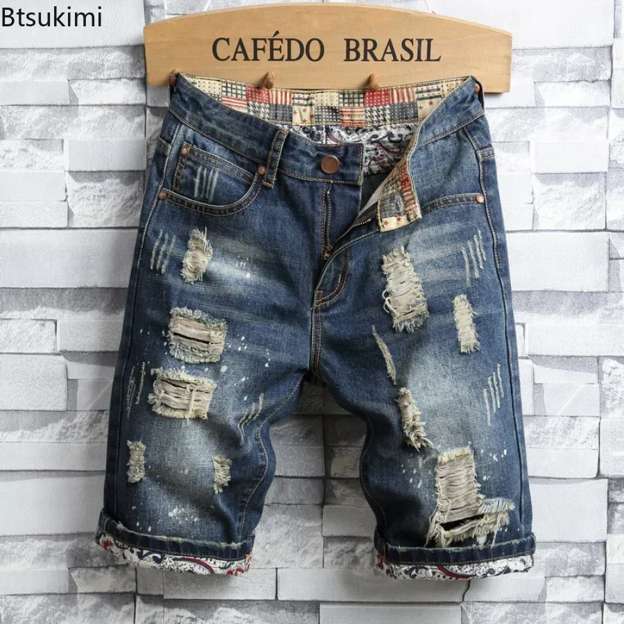 2025 pantalones vaqueros cortos rasgados Vintage de verano para hombre, ropa de calle con diseño de agujeros, pantalones cortos vaqueros ajustados, ropa de marca para hombre, pantalones cortos de moda 28-40