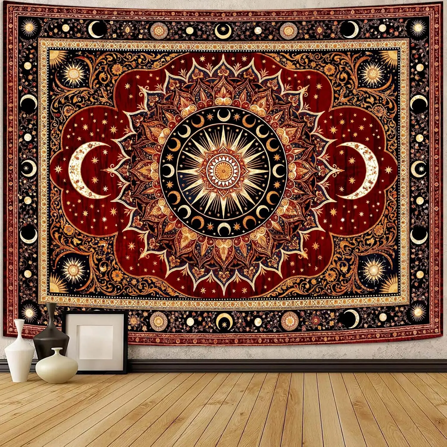 Bohemian Sun Moon Tapestry, Red Black and Gold Celestial Mandala with Sun Moon and Stars Print Wall Hanging for Home Decor