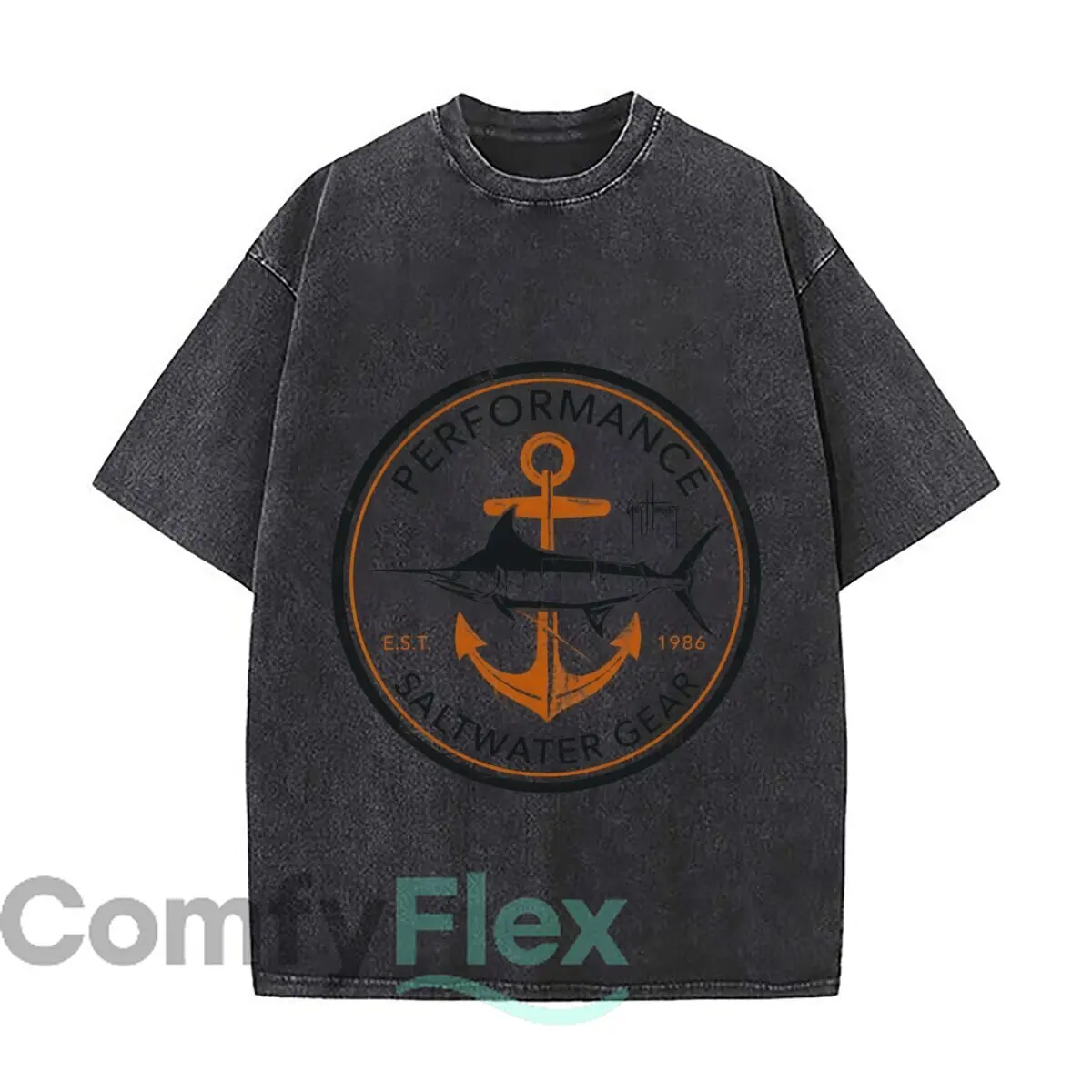 Performance Saltwater Gear Guy Harvey 1986 Marlin Anchor Washed Short Sleeve Loose Streetwear Tee Hip Hop