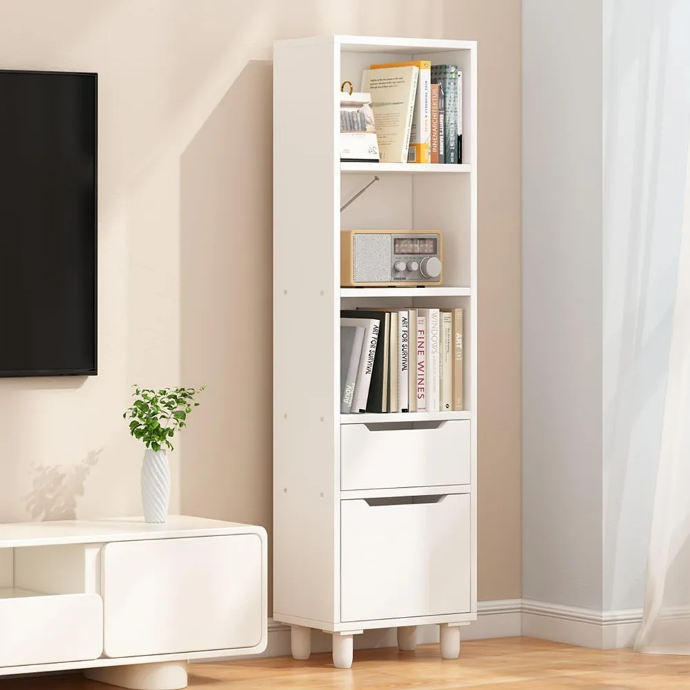 Short Narrow Bookcase With Doors - 59 Inches Wooden High Bookshelf With Legs Floorstanding Small Corner Storage Cabinet Shelf