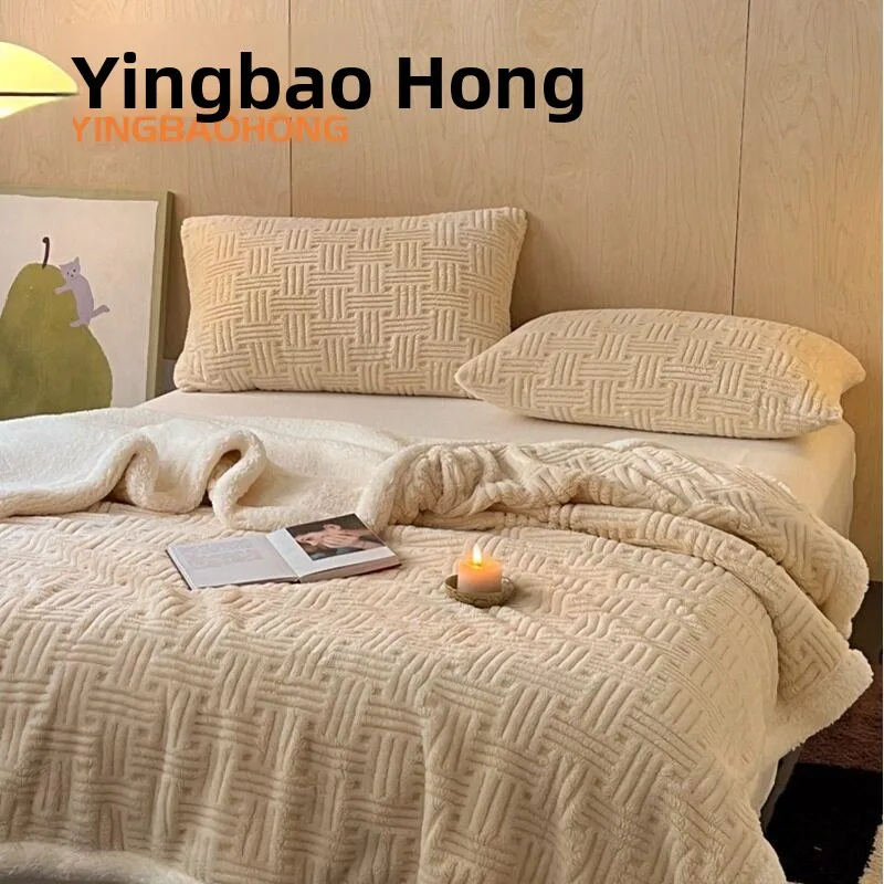 Thickened Double Layer Lamb Velvet Throw Blanket Multi-Functional Casual Nap Blanket Floral Embroidery Cotton Woolen Blanket