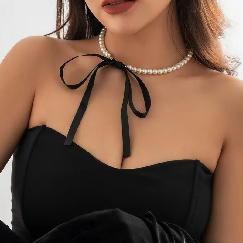 Wedding Party White Imitation Pearl Choker Necklace Fashion Bow Tie Long Ribbon Necklace Personality Simple Jewelry