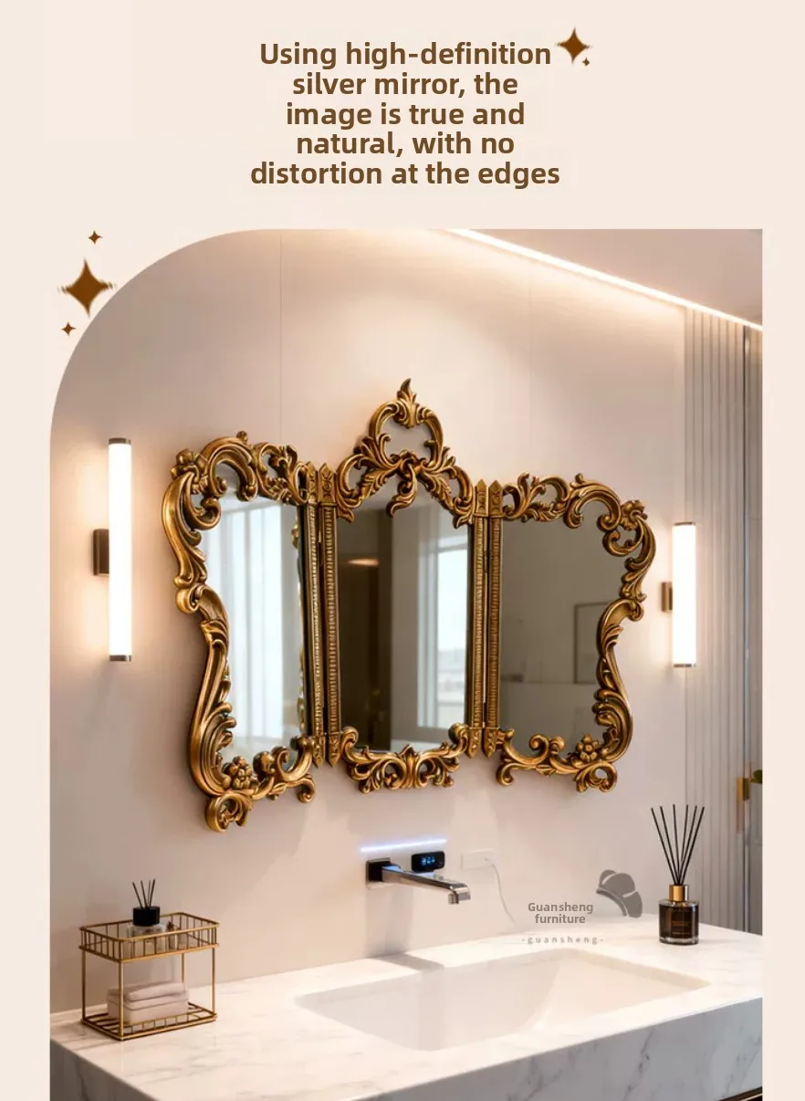 French retro makeup mirror European carved three-fold vanity mirror desktop folding delivery no mirror only frame