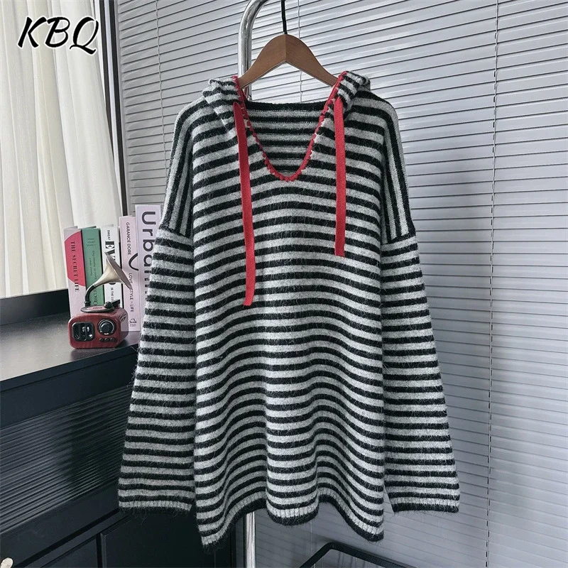 KBQ Korean Series Hit Color Stripe Minimalist Loose Sweater for Women Hooded Long Sleeve Spliced Drawstring Sweaters Female New