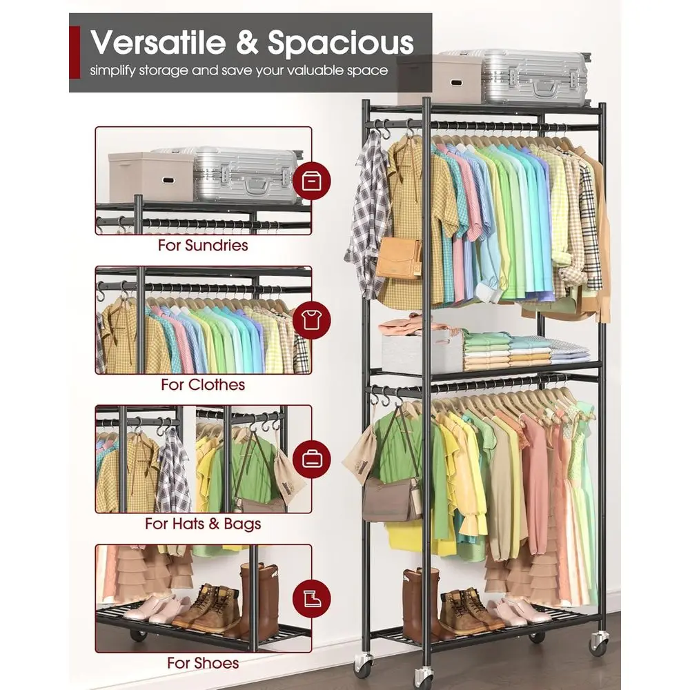 Rak Pakaian Logam Multi-Fungsi dengan Rak & Roda, 33x12.2x79.5, Lemari Kokoh untuk Kamar Tidur, Ruang Cuci, Balkon - Hitam