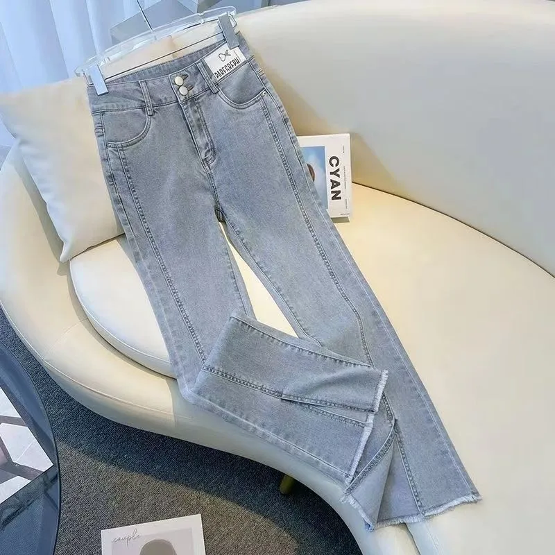 Jeans micro svasati a vita alta da donna Primavera Estate 2024 Nuovo elastico dimagrante Split Bell Bot Cotton Denim Ci Sle