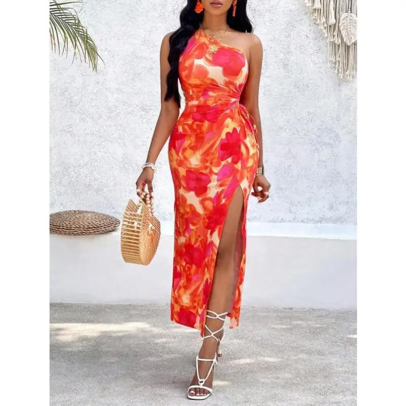 

New T 76739 Off-oulder Svel High Slit Printed Dr Casual Sportswear Set Autumn Season Seven Sve Length