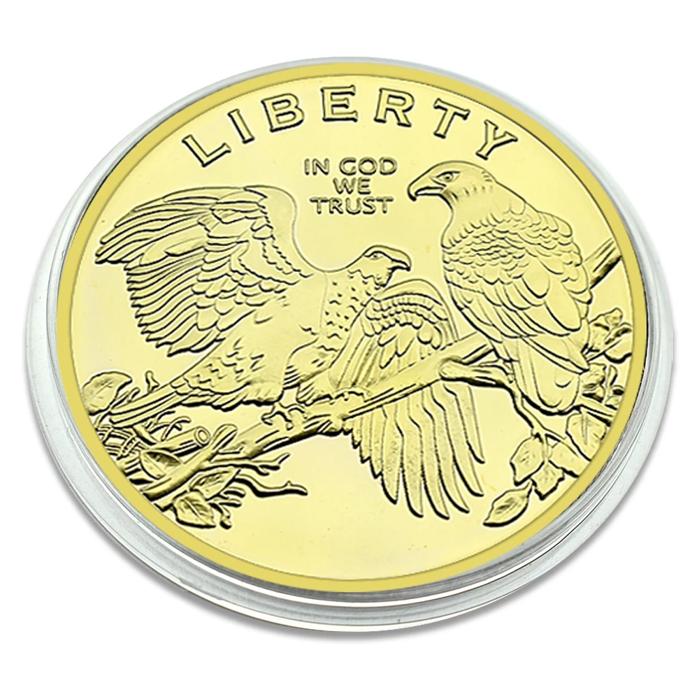 United States Liberty Gold Plated Challenge Coin in God We Trust Eagle Metal Medal with Plastic Case Art Craft