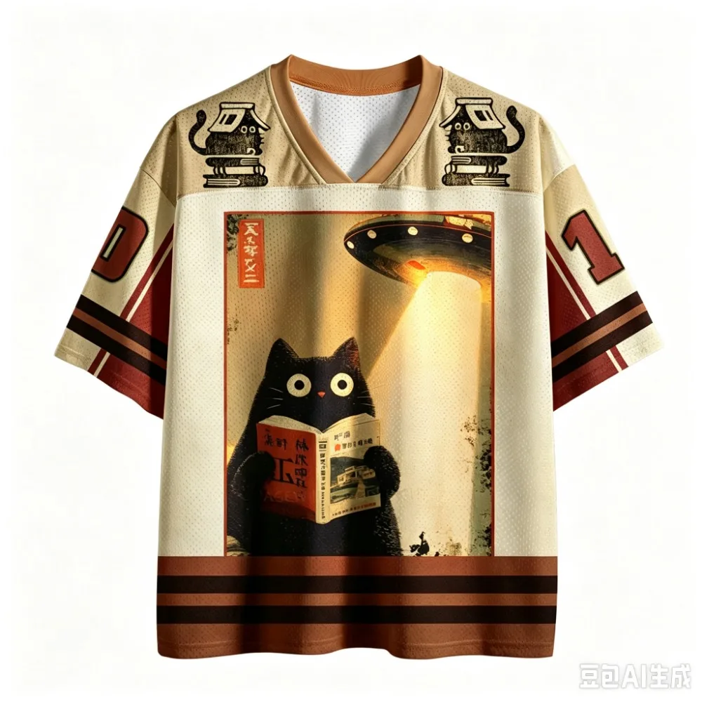 Japanese-style Sci-fi Cat 3D Print T-shirt Men V-neck Harajuku Breathable Quick-dry Sport Casual Fashion Parent-Child Clothing