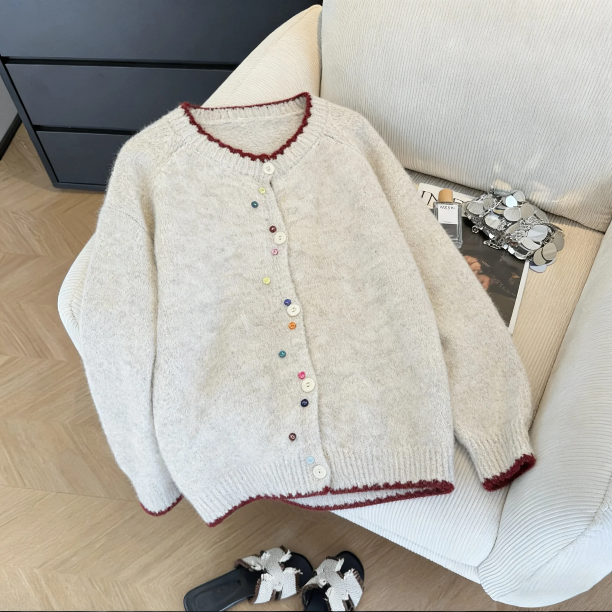 

Korean Design Heavyweight Color Blo Button Knitted Open Cardigan Loose Sweater Jaet for Women Casual Sle Long Sve