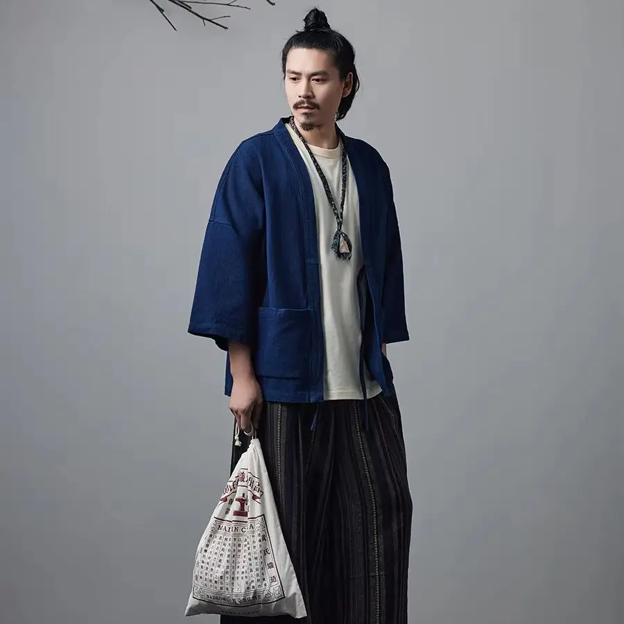 

Халат цвета индиго, синий окрашенный в синий цвет, 380 г, повседневная куртка из хлопка и льна, японская рубашка в стиле ретро, халат на плечо